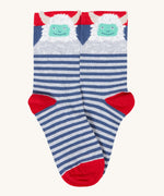 A close up of the blue and grey striped with yeti stock from the Frugi rock my socks 3 in festive multipack available at Babipur. 