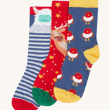 Frugi rock my socks 3 in festive multipack available at Babipur. GOTS socks in 3 different designs including a striped with a yeti, a red with reindeer and a blue sock with a cute robin design.