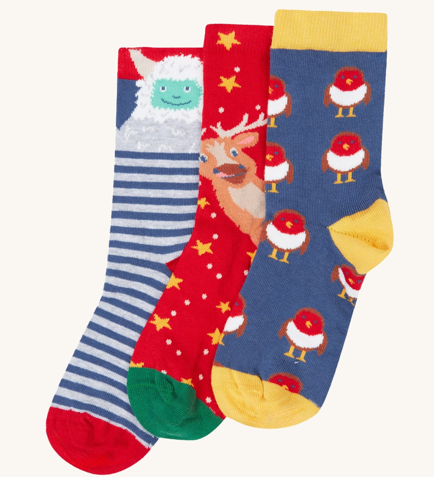 Frugi rock my socks 3 in festive multipack available at Babipur. GOTS socks in 3 different designs including a striped with a yeti, a red with reindeer and a blue sock with a cute robin design.