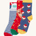 Frugi rock my socks 3 in festive multipack available at Babipur. GOTS socks in 3 different designs including a striped with a yeti, a red with reindeer and a blue sock with a cute robin design.