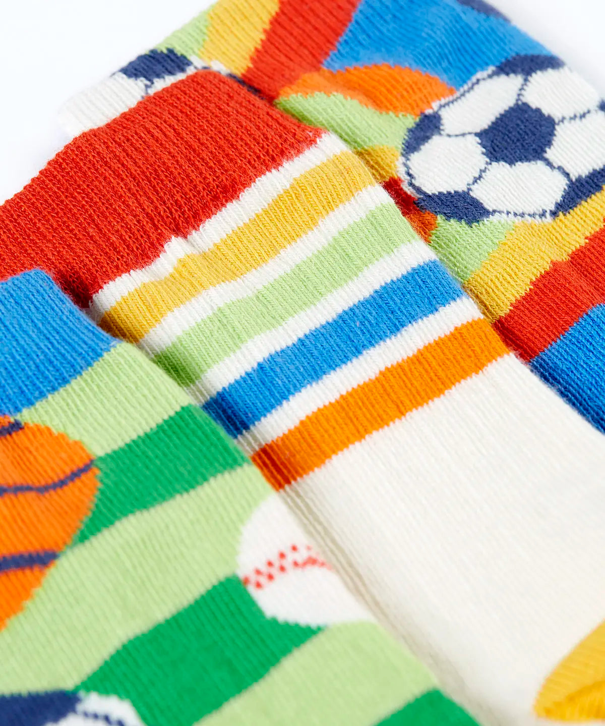 Close up of Frugi rock my socks 3 pack in bright colours with sport inspired designs showing ankle cuff detail