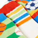 Close up of Frugi rock my socks 3 pack in bright colours with sport inspired designs showing ankle cuff detail
