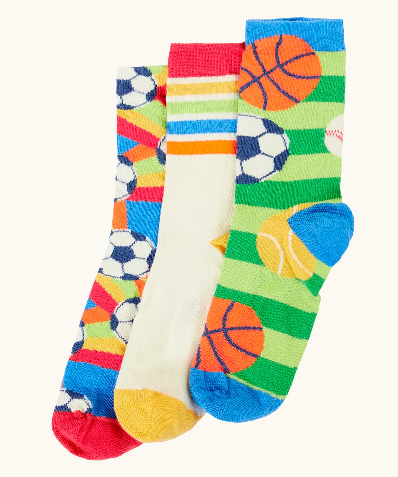 Frugi 100% organic cotton rock my socks multipack in bright colours with sport inspired designs.