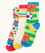 Frugi 100% organic cotton rock my socks multipack in bright colours with sport inspired designs.