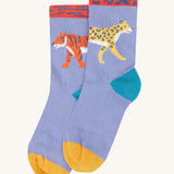A close up of the light purple with a tiger sign  sock with from the Frugi rock my socks 3 pack in stay wild available at Babipur. 