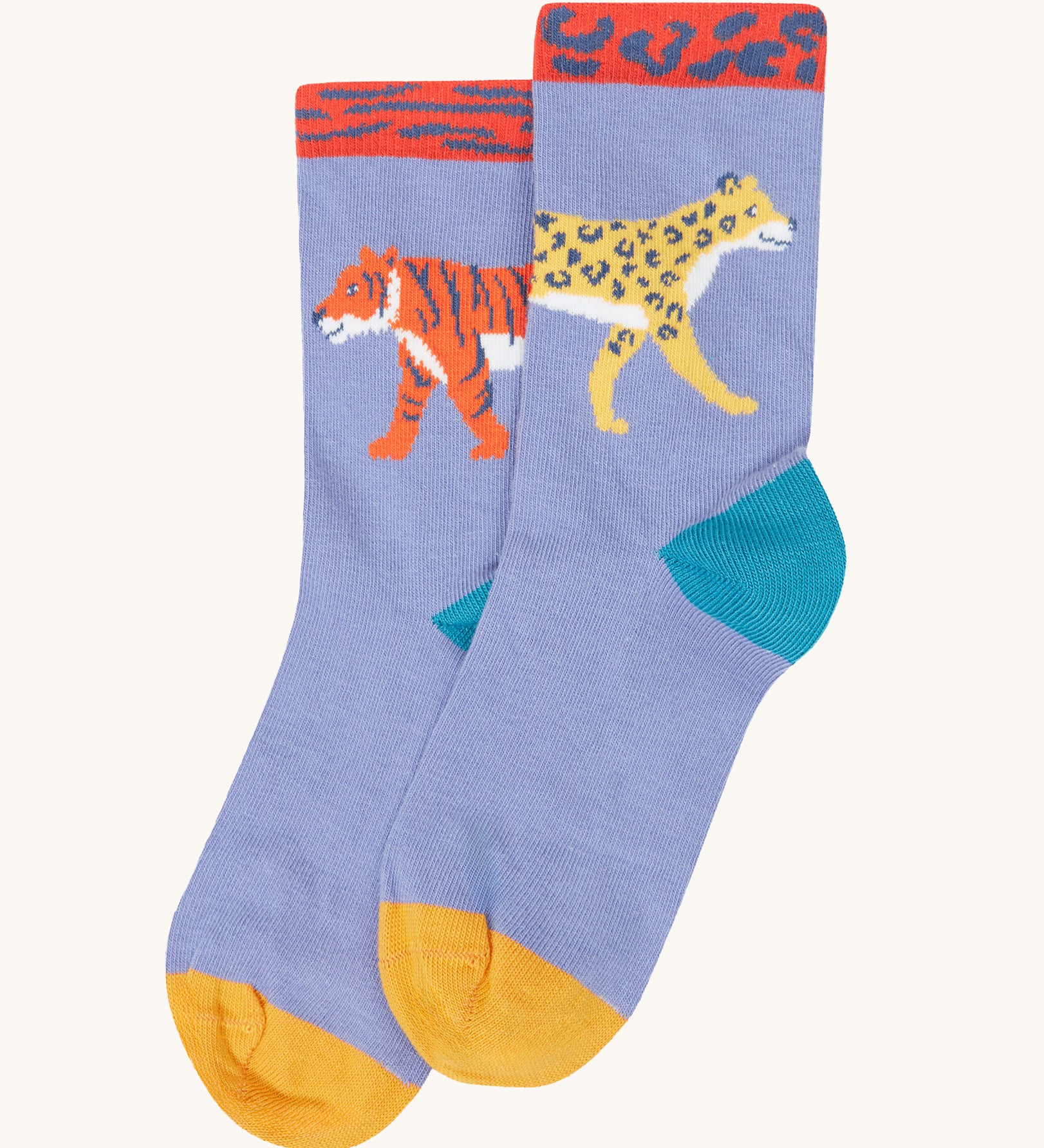 A close up of the light purple with a tiger sign  sock with from the Frugi rock my socks 3 pack in stay wild available at Babipur. 
