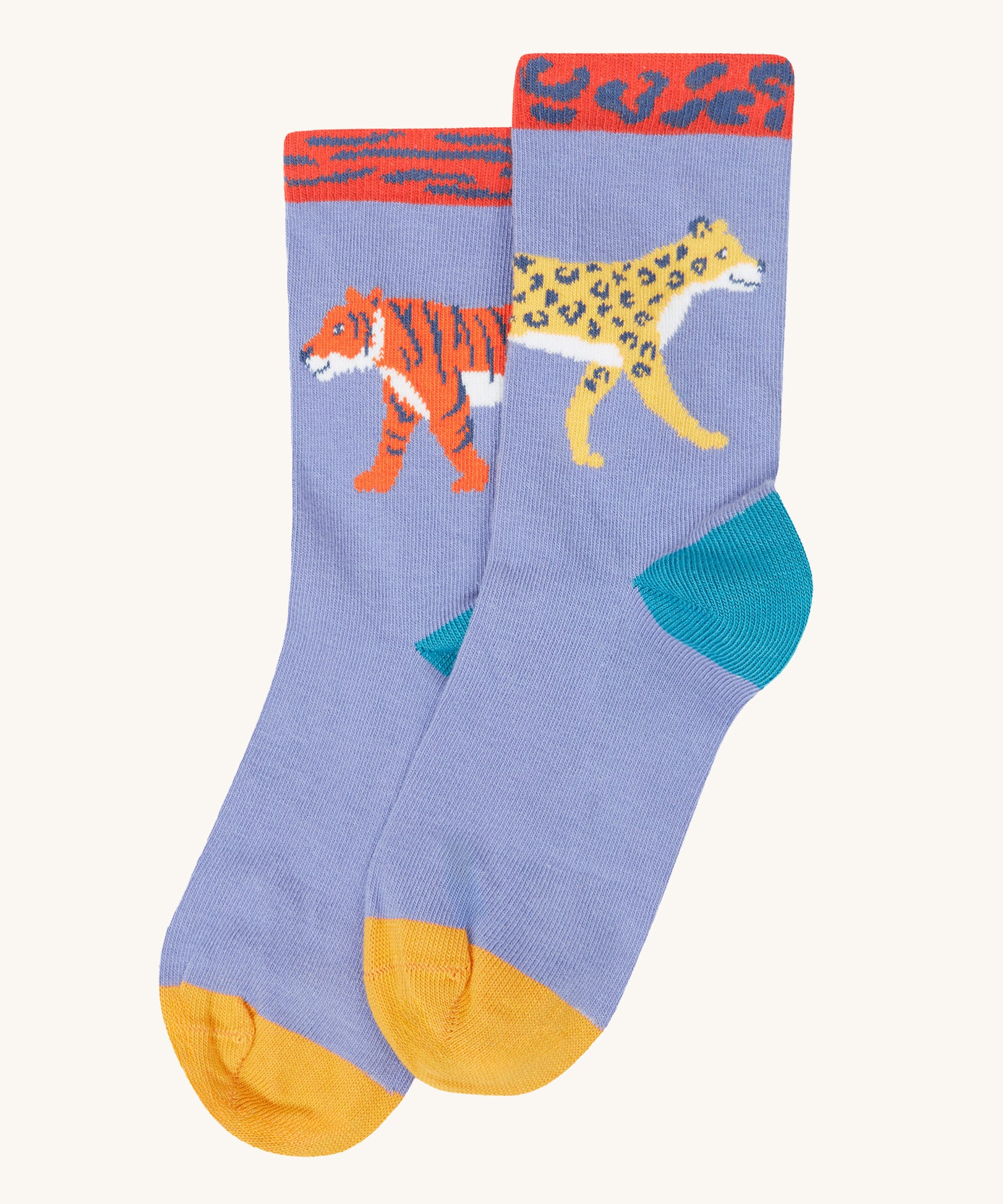 A close up of the light purple with a tiger sign  sock with from the Frugi rock my socks 3 pack in stay wild available at Babipur. 