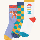 Frugi rock my socks 3 pack in stay wild multipack available at Babipur. GOTS organic cotton socks including a light purple with a tiger design, a checkered design and a white sock with stay wild slogan.