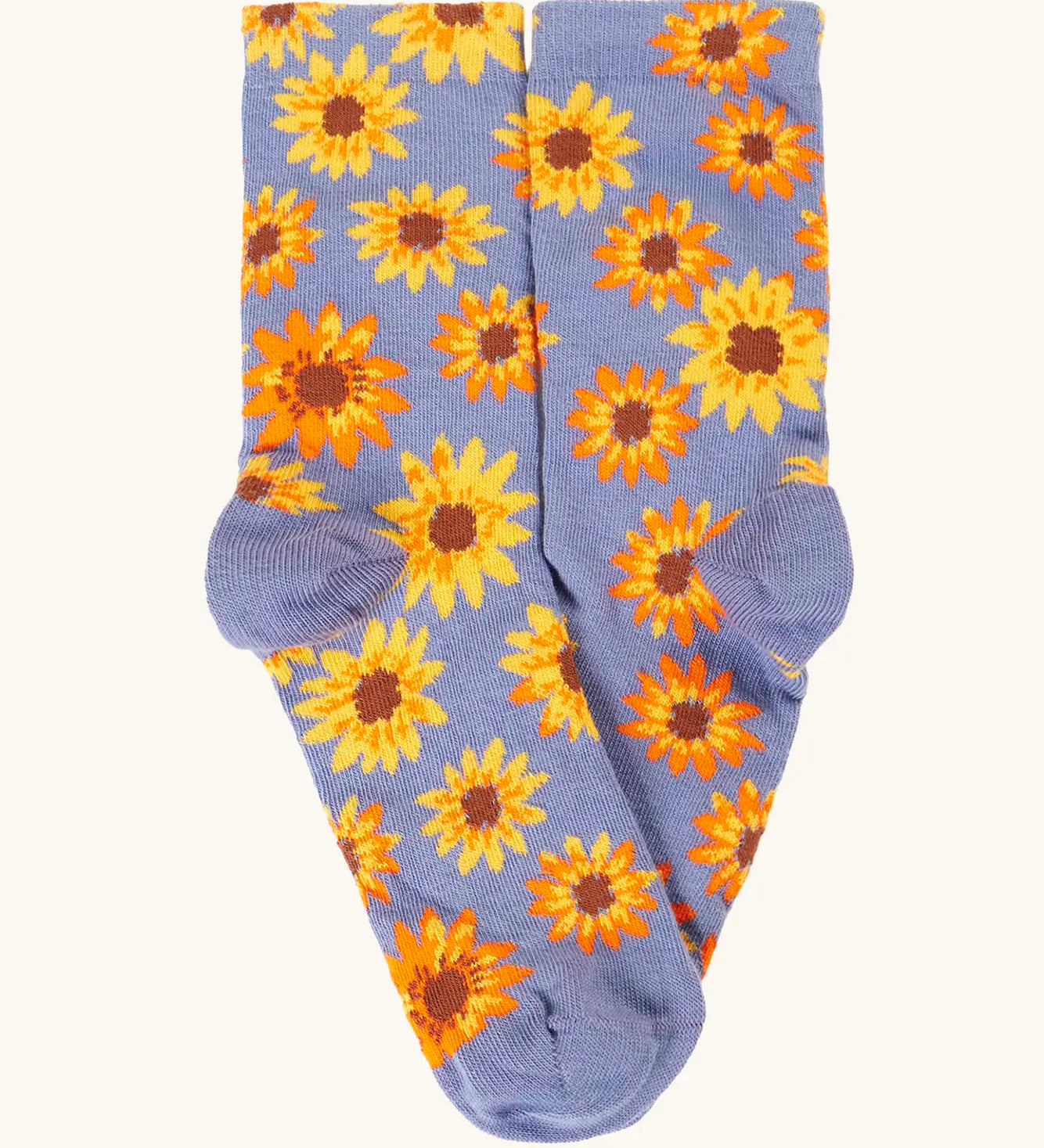 Frugi 100% organic cotton purple sock with a repeating yellow sunflower design from the rock my sock multipack