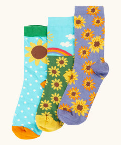 Frugi 100% organic cotton rock my socks 3 pack in bright colours with sunflower inspired designs. 