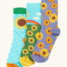 Frugi 100% organic cotton rock my socks 3 pack in bright colours with sunflower inspired designs. 