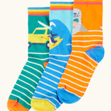 Frugi 100% organic cotton rock my socks 3 pack in bright colours with ocean and surfing inspired designs. 