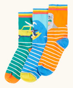 Frugi 100% organic cotton rock my socks 3 pack in bright colours with ocean and surfing inspired designs. 