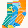 Frugi 100% organic cotton rock my socks 3 pack in bright colours with ocean and surfing inspired designs. 