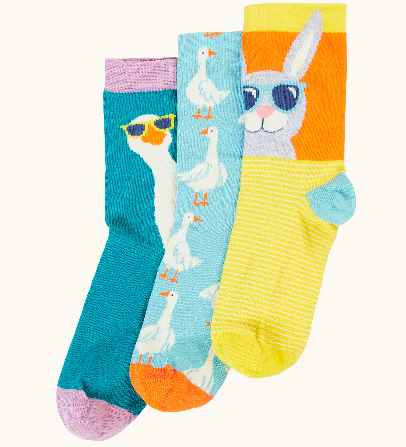 Frugi 100% organic cotton rock my socks 3 pack in bright colours with a goose and rabbit design. 