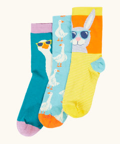 Frugi 100% organic cotton rock my socks 3 pack in bright colours with a goose and rabbit design. 