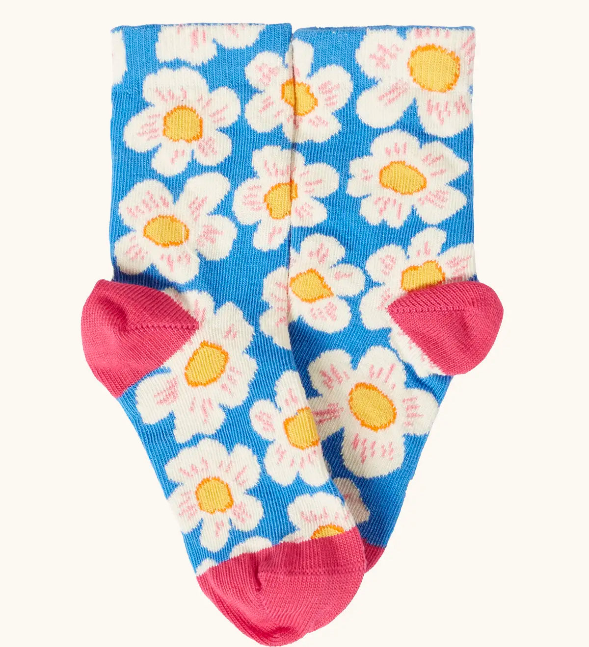 Frugi 100% organic cotton sock in blue with white flowers from the flowers multipack. Showing pink heel and top panels