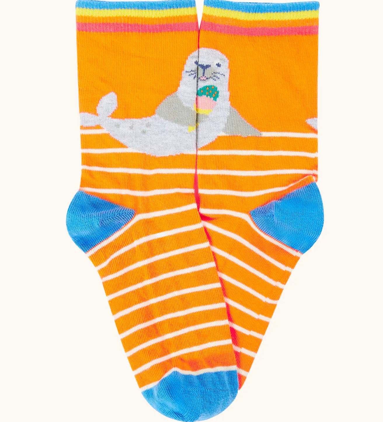 Frugi 100% organic cotton orange sock with white stripes and a seal design from the surf rock my socks mutipack