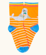 Frugi 100% organic cotton orange sock with white stripes and a seal design from the surf rock my socks mutipack