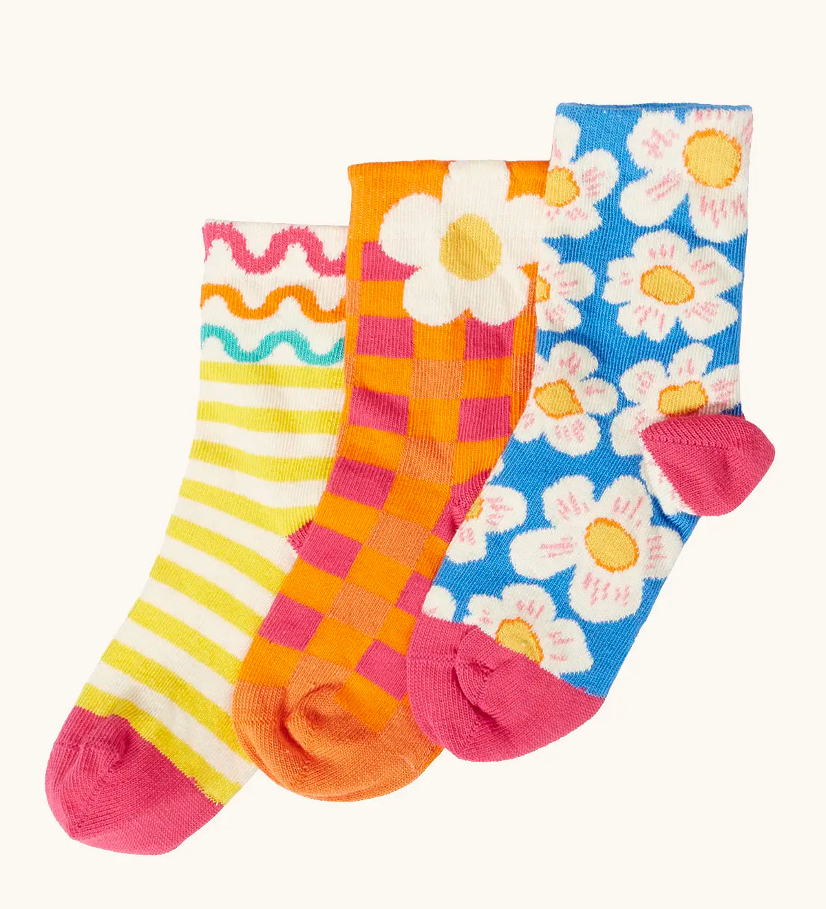 Frugi 100% rock my socks 3 pack in bright flower inspired colours and designs