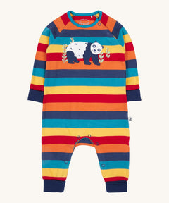 Frugi rowan romper in big rainbow stripe / panda available at Babipur. A GOTS organic cotton all in one in a bright rainbow inspired striped design with  a playful applique on the front. Features a popper fastener on the shoulder.