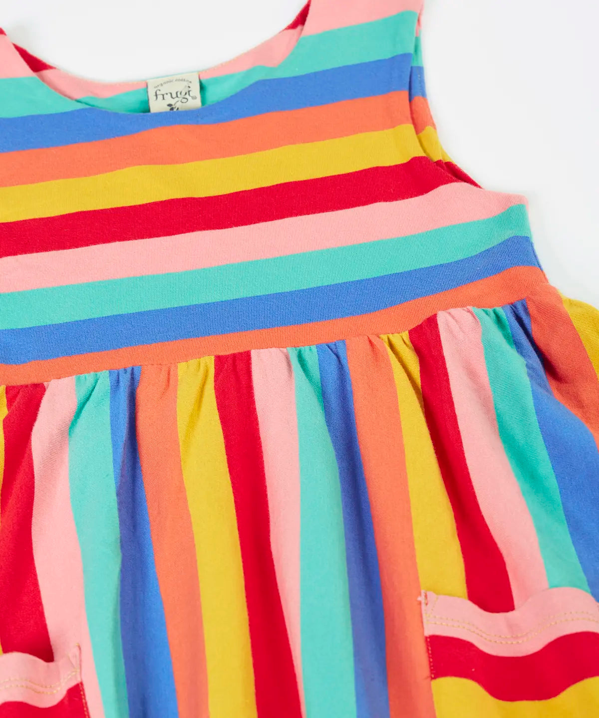 Frugi 100% organic cotton Samantha Summer dress laid flat showing the rainbow striped design 