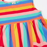 Frugi 100% organic cotton Samantha Summer dress laid flat showing the rainbow striped design 