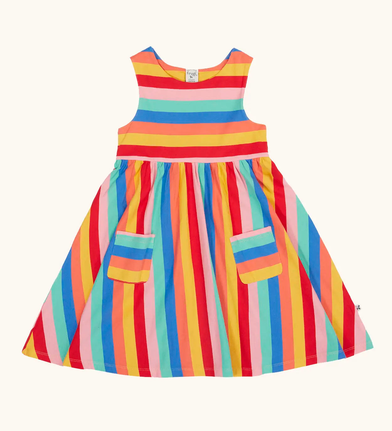 Frugi 100% organic cotton Samantha Summer dress in a rainbow striped design showing 2 small pouch pockets on the skirt