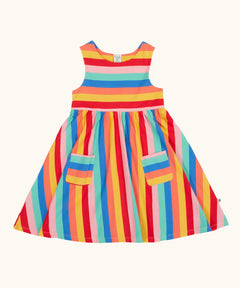 Frugi 100% organic cotton Samantha Summer dress in a rainbow striped design showing 2 small pouch pockets on the skirt