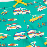 Close up of yellow waist tie detail on the Frugi 100% organic cotton shorts in light green with repeating beach theme vehicles. 