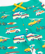 Close up of yellow waist tie detail on the Frugi 100% organic cotton shorts in light green with repeating beach theme vehicles. 