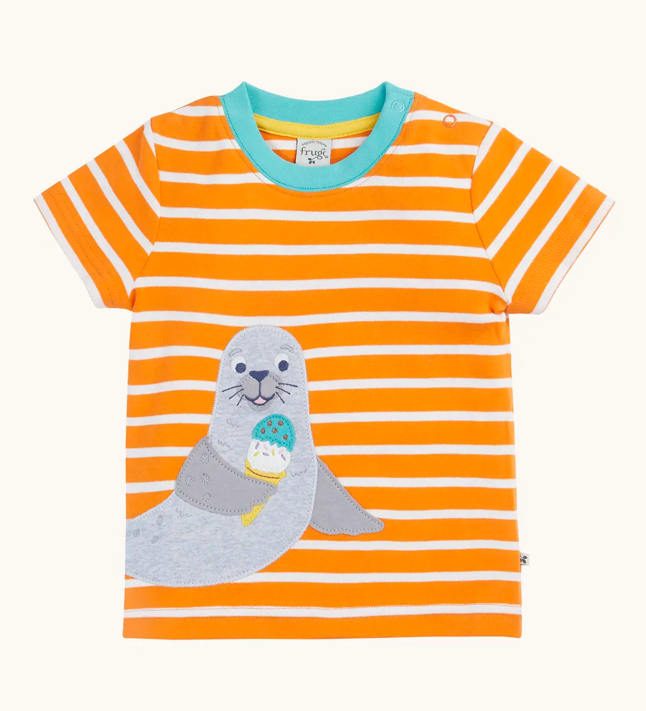 Frugi 100% organic cotton short sleeve t-shirt in orange and white stripes with a seal patch on the front and light blue collar trim