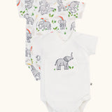 Frugi 100% organic cotton baby bodysuit 2 pack set in white with a elephant print. Shows full length front and crotch popper fastener 