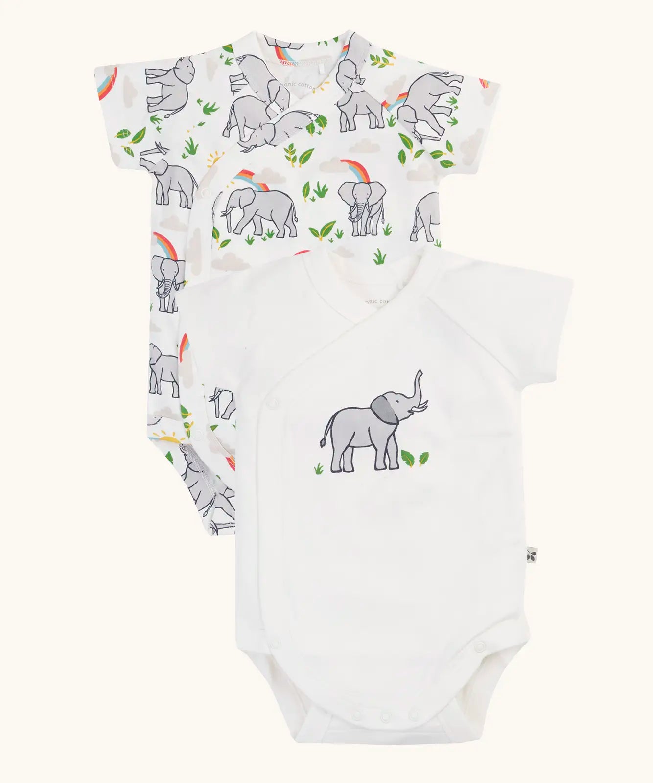 Frugi 100% organic cotton baby bodysuit 2 pack set in white with a elephant print. Shows full length front and crotch popper fastener 