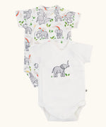 Frugi 100% organic cotton baby bodysuit 2 pack set in white with a elephant print. Shows full length front and crotch popper fastener 
