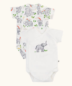 Frugi 100% organic cotton baby bodysuit 2 pack set in white with a elephant print. Shows full length front and crotch popper fastener 