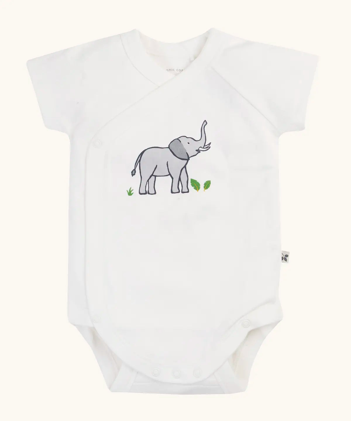 Frugi 100% organic cotton baby bodysuit in white with a small elephant print. Shows full length front and crotch popper fastener 