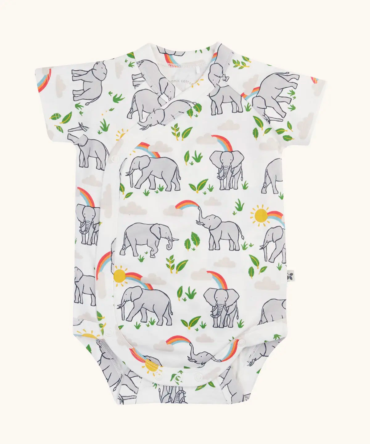 Frugi 100% organic cotton baby bodysuit in white with a repeating  elephant print. Shows full length front and crotch popper fastener 