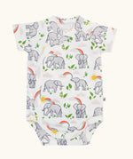 Frugi 100% organic cotton baby bodysuit in white with a repeating  elephant print. Shows full length front and crotch popper fastener 