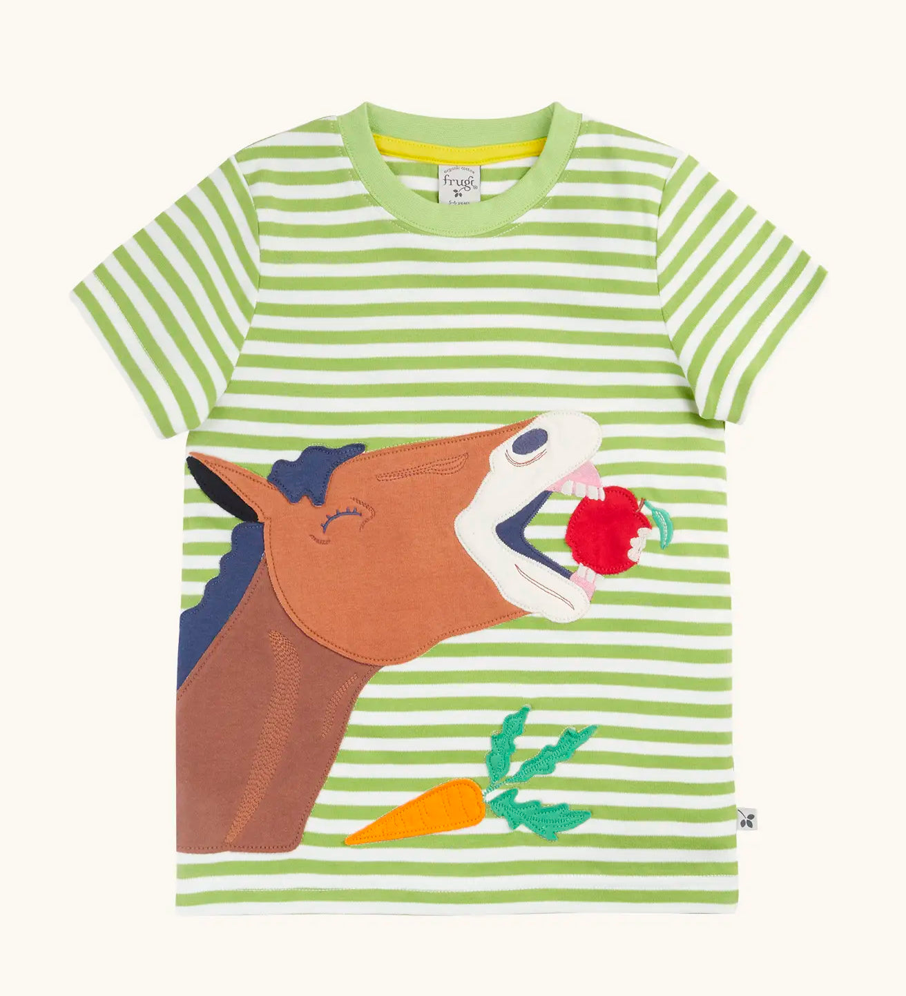 Frugi 100% organic cotton Sid short sleeve white and green stripe t-shirt with a horse eating an apple patch on the front