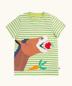 Frugi 100% organic cotton Sid short sleeve white and green stripe t-shirt with a horse eating an apple patch on the front