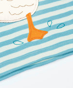 Close up of the duck patch on the Frugi 100% organic cotton blue and white striped t-shirt showing the feet detail
