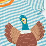 Frugi 100% organic cotton blue and white striped Sid t-shirt laid flat showing a large playful duck patch on the front