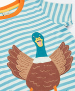 Frugi 100% organic cotton blue and white striped Sid t-shirt laid flat showing a large playful duck patch on the front