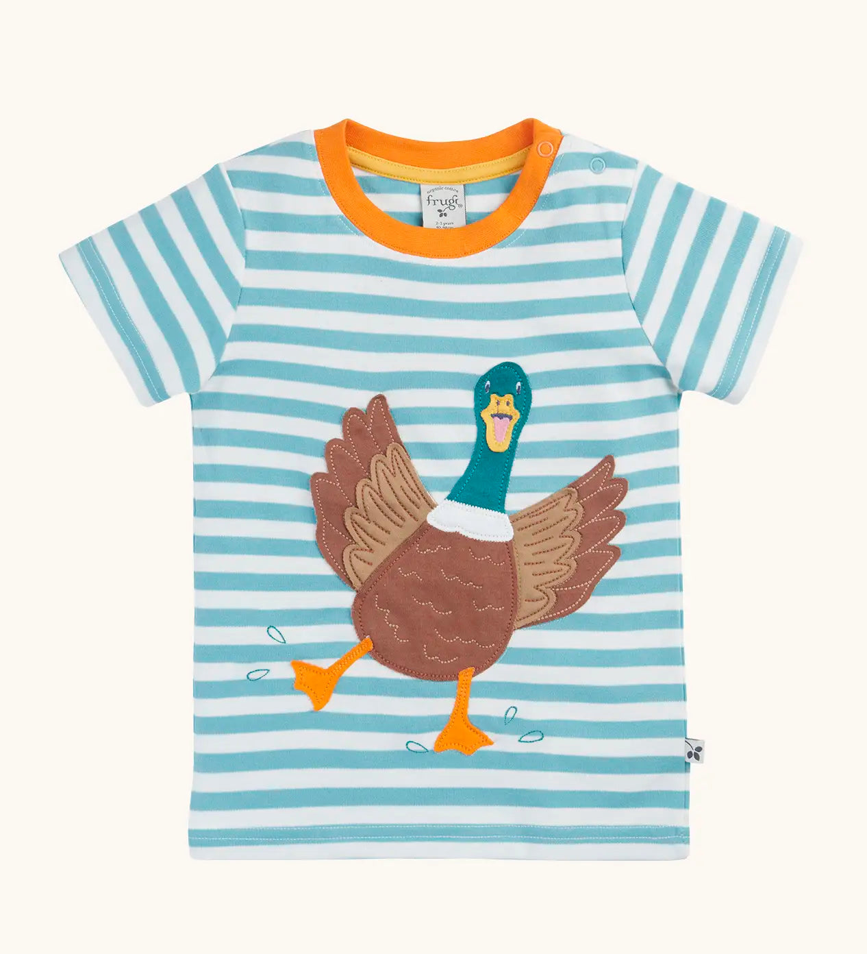 Frugi 100% organic cotton blue and white striped Sid t-shirt with a large playful duck patch on the front