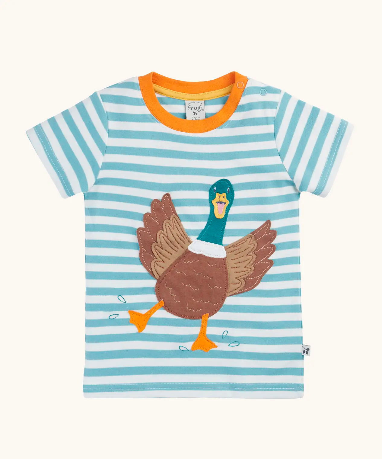 Frugi 100% organic cotton blue and white striped Sid t-shirt with a large playful duck patch on the front