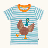 Frugi 100% organic cotton blue and white striped Sid t-shirt with a large playful duck patch on the front