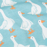 Close up of the repeating white goose design on the Frugi 100% organic cotton snooze light blue pj set 