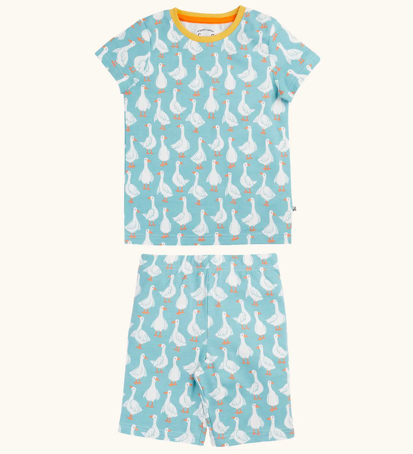 Frugi 100% organic cotton snooze pj set in light blue with repeating white goose print on the short sleeve top and shorts