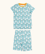 Frugi 100% organic cotton snooze pj set in light blue with repeating white goose print on the short sleeve top and shorts